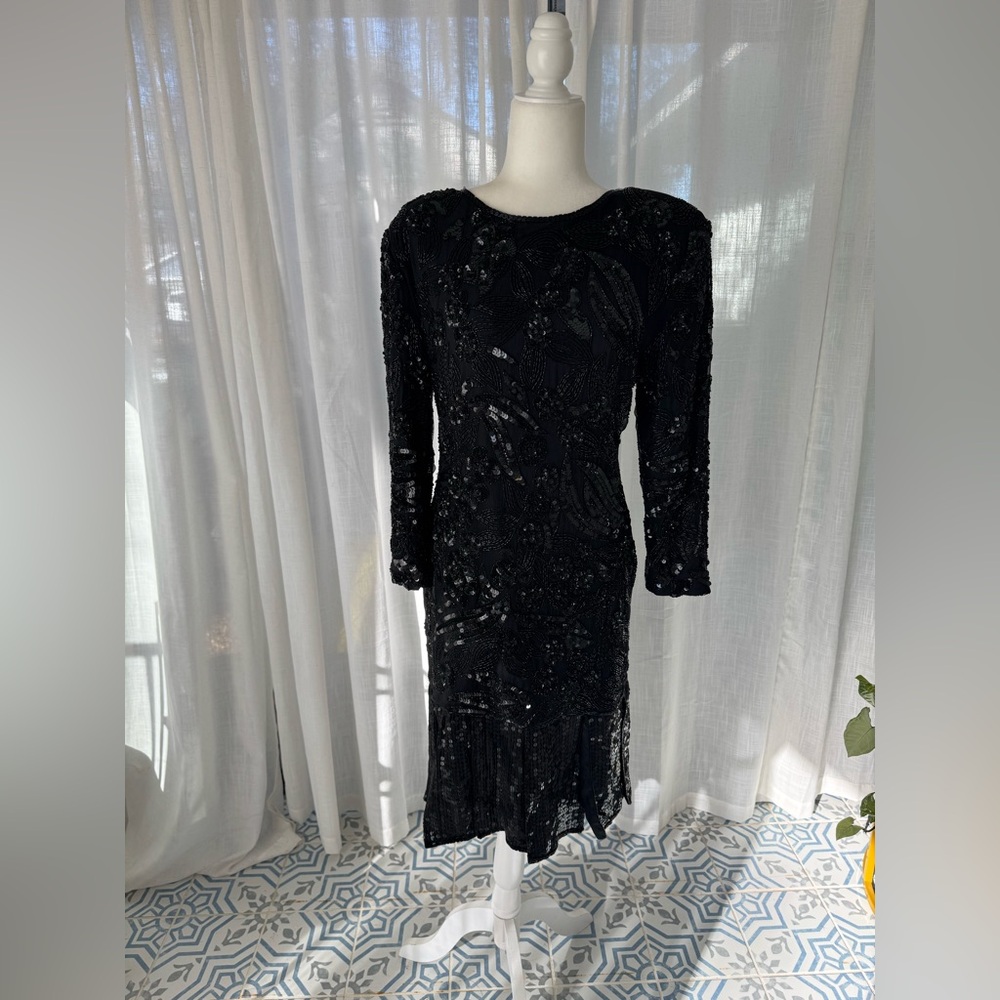 SWEEL O Vintage Black Beaded Sequin Cocktail Dress Long Sleeve Art Deco Midi - Picture 2 of 12